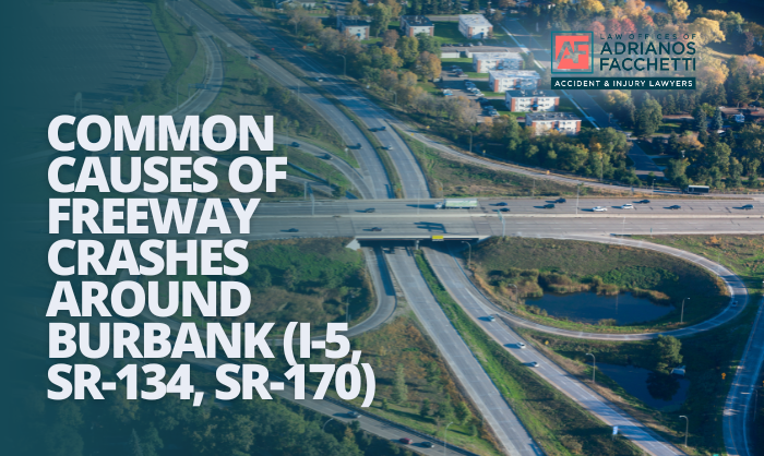 Aerial view of a freeway interchange near Burbank showing traffic merging and exit ramps
