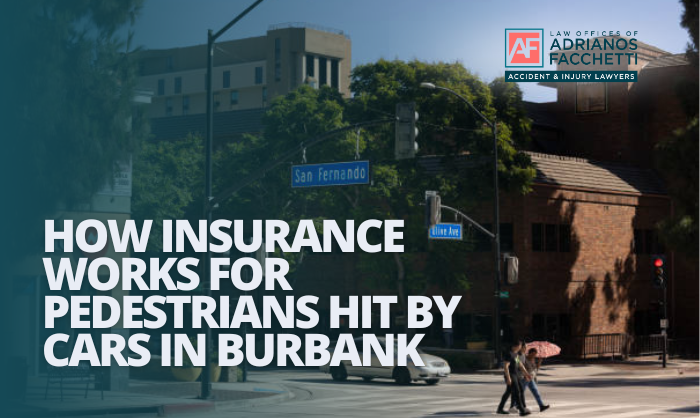 Pedestrians crossing a crosswalk at a San Fernando Blvd intersection in Burbank, California.
