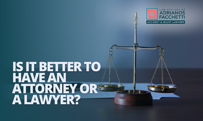 Scales of justice on a desk with legal documents and a pen, symbolizing the comparison between an attorney and a lawyer.