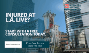 Injured at L.A. Live graphic showing L.A. LIVE accident lawyer in Downtown Los Angeles from the Law Offices Of Adrianos Facchetti offering a free consultation
