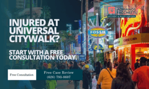 Night scene at Universal CityWalk with text saying Injured at Universal CityWalk? Start with a free consultation today for a Universal CityWalk injury lawyer in Los Angeles at the Law Offices of Adrianos Facchetti.