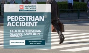 Pedestrian crossing a crosswalk in Downey, California with text offering a free consultation with a Downey pedestrian accident lawyer at the Law Offices of Adrianos Facchetti