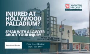 Injured at Hollywood Palladium banner for Law Offices of Adrianos Facchetti offering a free case review at (626) 793-8607.