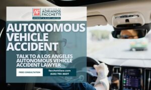 Los Angeles autonomous vehicle accident lawyer graphic offering a free consultation and phone number for the Law Offices of Adrianos Facchetti.