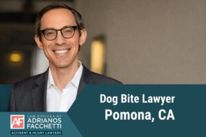 Attorney Adrianos Facchetti, Pomona dog bite lawyer, smiling in a professional headshot with text reading Dog Bite Lawyer Pomona, CA.