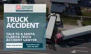 Aerial view of a truck accident on a highway with text reading "Truck Accident – Talk to a Santa Clarita Truck Accident Lawyer" from the Law Offices of Adrianos Facchetti.
