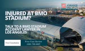 Aerial View Of Bmo Stadium In Los Angeles With Text Saying Injured At Bmo Stadium? Talk To A Bmo Stadium Accident Lawyer In Los Angeles From The Law Offices Of Adrianos Facchetti.