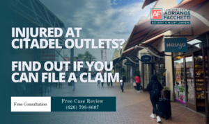 Injured At Citadel Outlets In Los Angeles, Can You Sue? Injured Shopper At Citadel Outlets In Los Angeles With Text Promoting Free Case Review By Personal Injury Lawyer Adrianos Facchetti