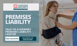 Injured woman with neck brace meeting a Downey premises liability lawyer
