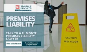 El Monte premises liability lawyer graphic showing a person slipping near a caution wet floor sign for the Law Offices of Adrianos Facchetti