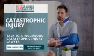 Injured man with neck brace and arm cast speaking with an Inglewood catastrophic injury lawyer at the Law Offices of Adrianos Facchetti during a free case review.