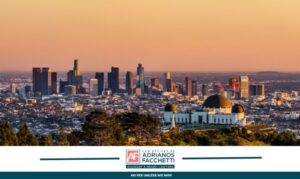 Los Angeles skyline and Griffith Observatory at sunset