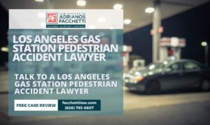 Los Angeles gas station pedestrian accident lawyer banner over a night gas station with a parked car in the foreground