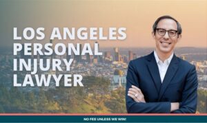 Los Angeles personal injury lawyer Adrianos Facchetti standing in front of the downtown LA skyline with text saying Los Angeles Personal Injury Lawyer