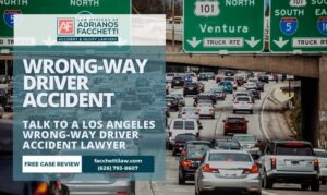 Los Angeles freeway traffic with a banner for the Law Offices Of Adrianos Facchetti promoting a wrong-way driver accident lawyer and free case review