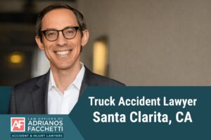 Santa Clarita truck accident lawyer Adrianos Facchetti smiling in a professional headshot with text reading "Truck Accident Lawyer, Santa Clarita, CA".