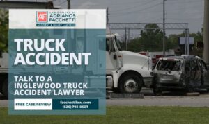Inglewood truck accident lawyer from Law Offices of Adrianos Facchetti showing a semi-truck crash and free case review offer