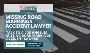 Crosswalk with worn white road markings and text for a Los Angeles missing road markings accident lawyer at the Law Offices of Adrianos Facchetti.