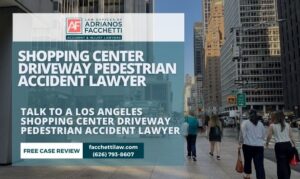 Pedestrians Walking In A Busy City Area With The Law Offices Of Adrianos Facchetti Graphic For Shopping Center Driveway Pedestrian Accident Lawyer And A Free Case Review Callout.
