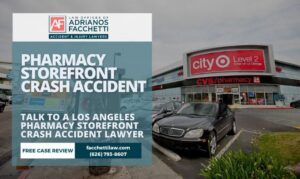 Adrianos Facchetti, Los Angeles pharmacy storefront crash accident lawyer, reviewing a vehicle crash injury claim involving a car that crashed into a CVS or Walgreens pharmacy in Los Angeles County.