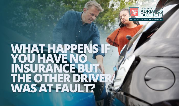 Adrianos Facchetti, personal injury lawyer, consulting with an injured woman at a car accident scene about her claim options when uninsured.