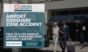 Adrianos Facchetti, Los Angeles airport rideshare zone accident lawyer, reviewing an Uber and Lyft crash injury claim near LAX or Hollywood Burbank Airport terminal rideshare pickup zones in Los Angeles County.