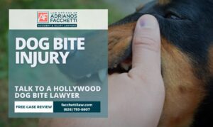 Advogado de Hollywood especializado em mordidas de cachorro Um cachorro na coleira em uma calçada de Hollywood, perto de prédios residenciais, ilustrando os ambientes densos de pedestres e residências onde podem ocorrer incidentes de mordida de cachorro.