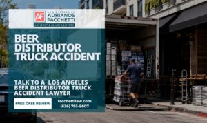 Beer Distributor Truck Unloading In A Los Angeles Urban Delivery Zone Where Truck Accidents May Involve Pedestrians, Parked Cars, Or Loading Hazards.