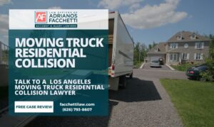 Los Angeles Moving Truck Residential Collision Lawyer Moving Truck On A Residential Street In Los Angeles Where A Collision May Involve Pedestrians, Parked Cars, Driveways, Or Homes.