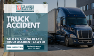 Commercial Truck Accident Scene In Long Beach With A Damaged Car, Police Response, Palm-Lined Street, And Local Traffic Conditions.