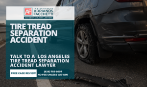 Los Angeles Tire Tread Separation Accident Lawyer Featured Image Showing A Damaged Vehicle With A Separated Tire Tread After A Crash.