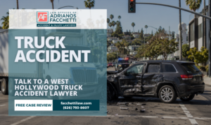 A Commercial Delivery Truck On A Busy West Hollywood Street, Illustrating The Commercial Vehicle Traffic And Accident Risks Discussed On This Page