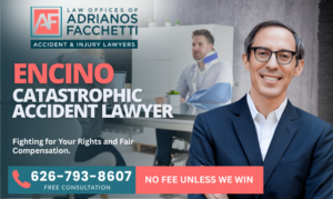 Encino Catastrophic Accident Lawyer Featured Image With Attorney Adrianos Facchetti And A Severely Injured Client During A Legal Consultation.
