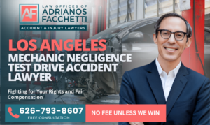 Los Angeles Mechanic Negligence Test Drive Accident Lawyer Featured Image With Attorney Adrianos Facchetti And A Damaged Vehicle Inside An Auto Repair Shop.