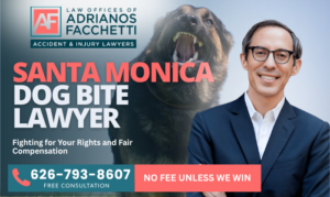 Santa Monica Dog Bite Lawyer Featured Image For Law Offices Of Adrianos Facchetti Showing Attorney Branding And An Aggressive Dog Attack Visual